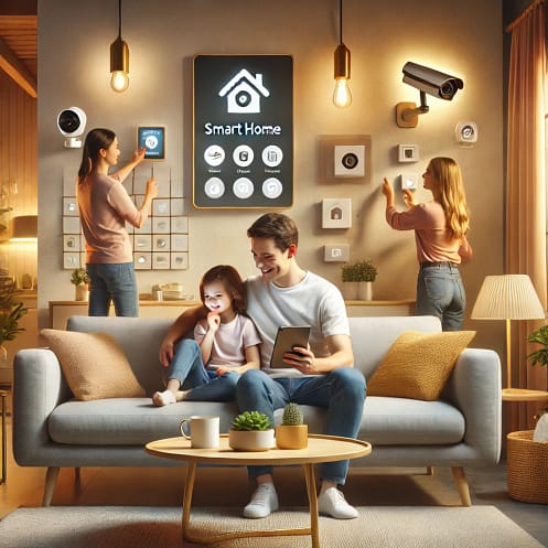 DALL·E 2024-10-17 21.23.15 - A modern home setting with a family interacting with smart home devices. The scene includes a person using a smartphone or tablet to control the house